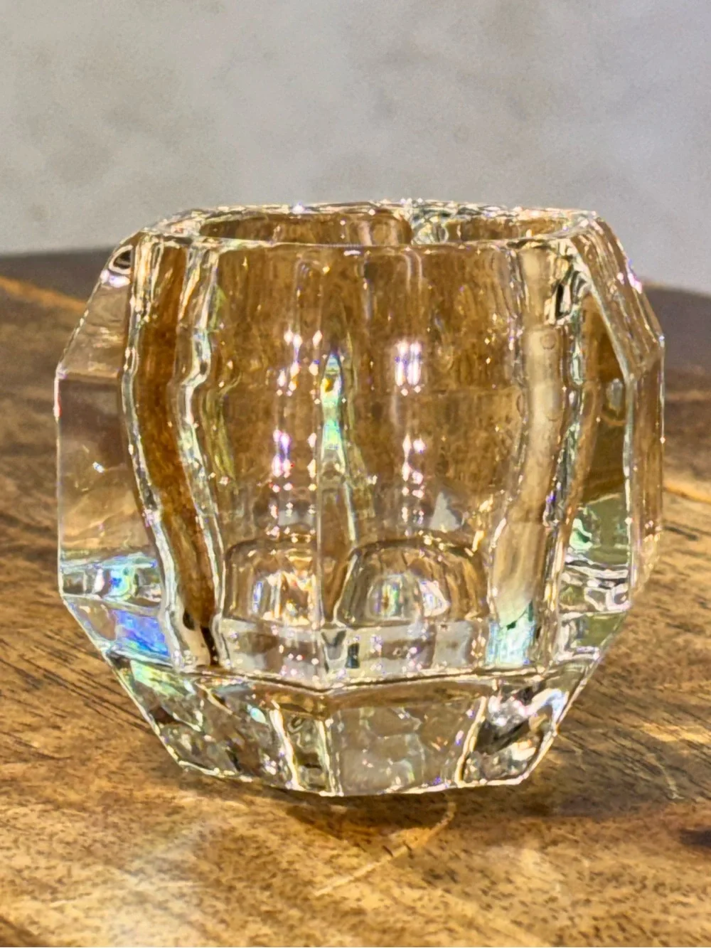 Vintage Heavy Crystal Glass Hexagon Votive Tealight Candle Holder Geometric